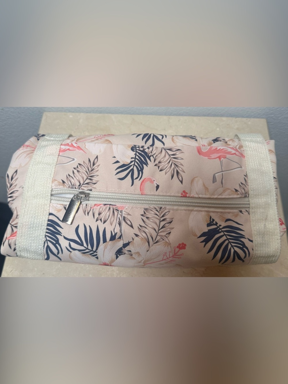 Narwey Beige Flamingo Foldable Travel Duffel Bag. Tropical flamingos & hibiscus. - Picture 14 of 15